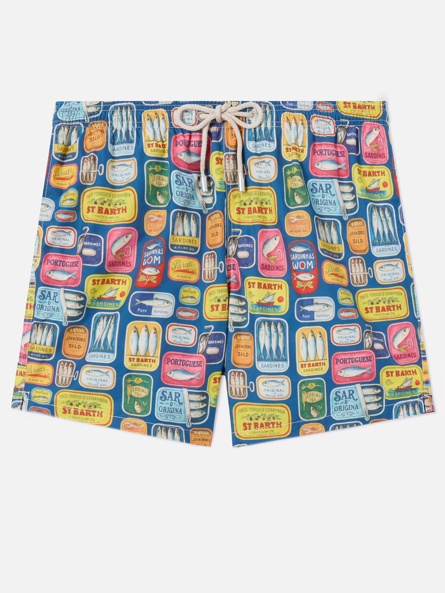 Blue Lighting swim shorts with all-over sardine tins print