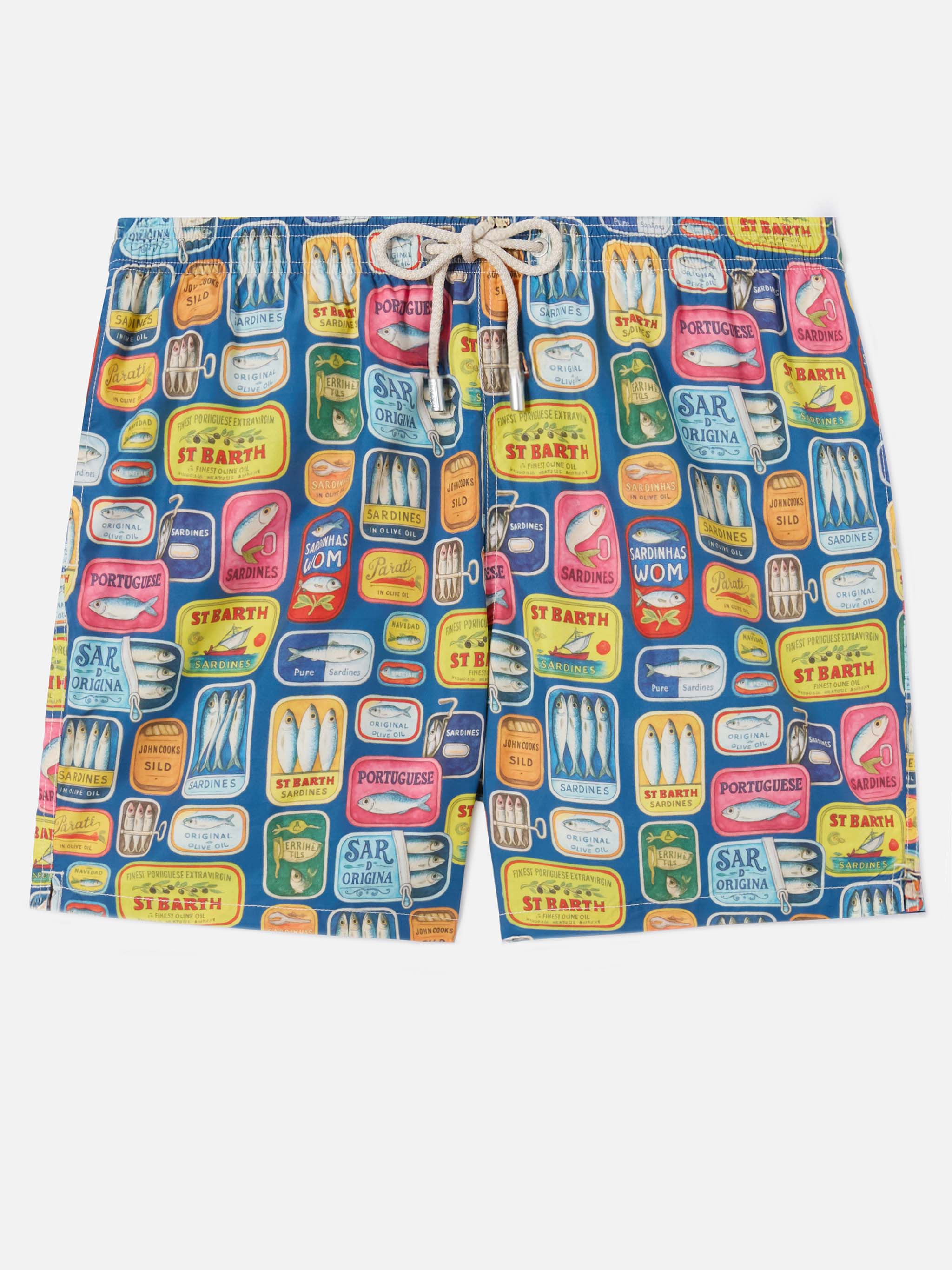 Blue Lighting swim shorts with all-over sardine tins print – MC2
