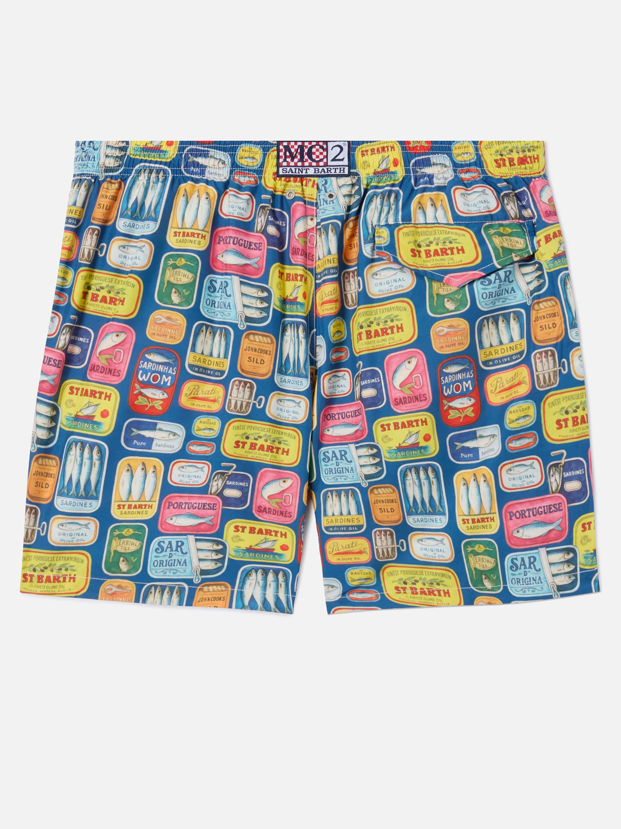 Blue Lighting swim shorts with all-over sardine tins print – MC2
