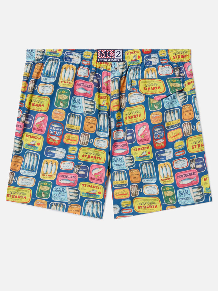 Blue Lighting swim shorts with all-over sardine tins print