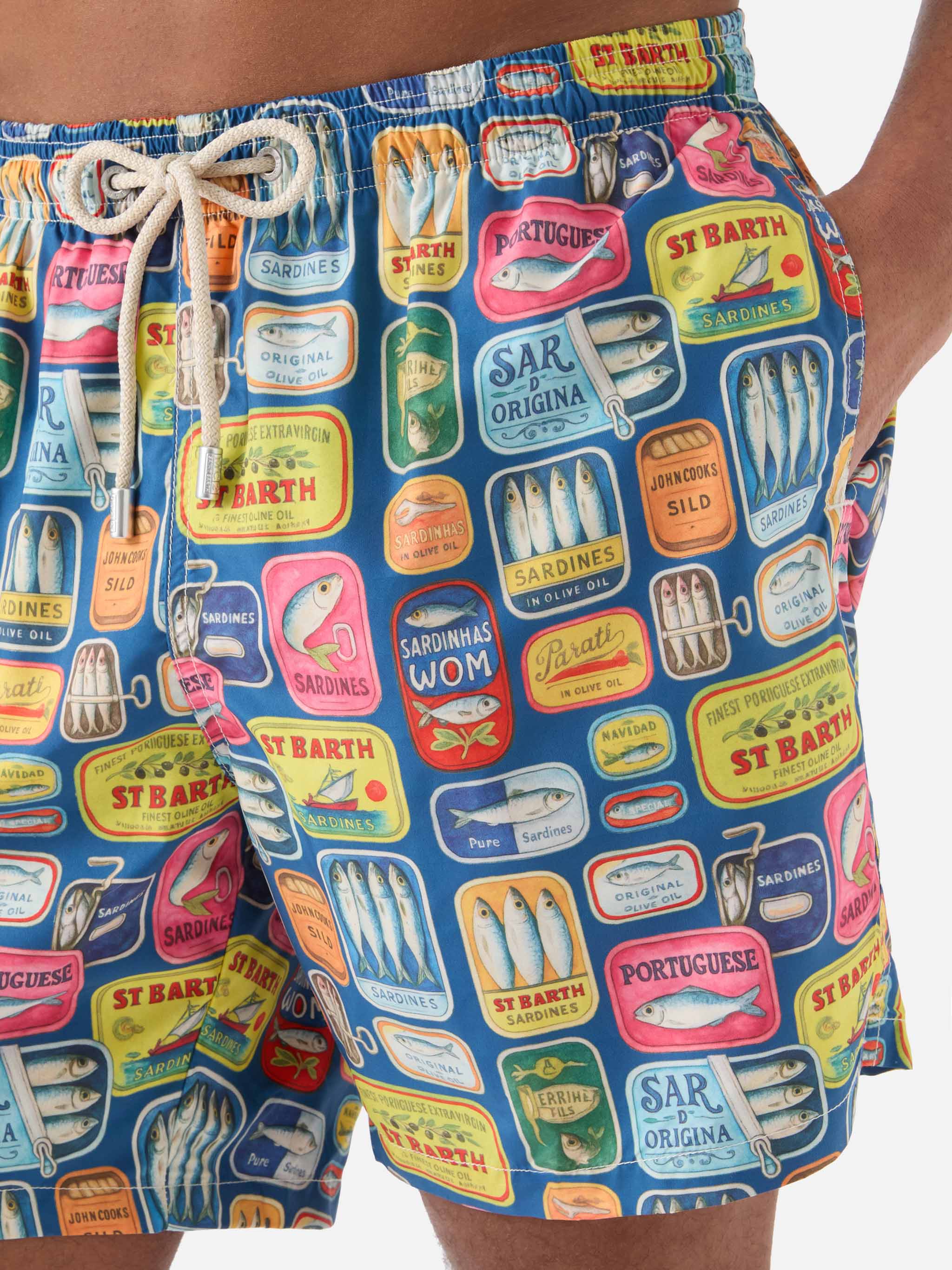 Blue Lighting swim shorts with all-over sardine tins print – MC2