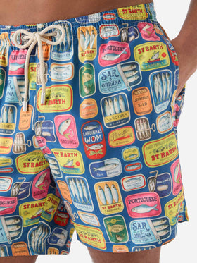 Blue Lighting swim shorts with all-over sardine tins print