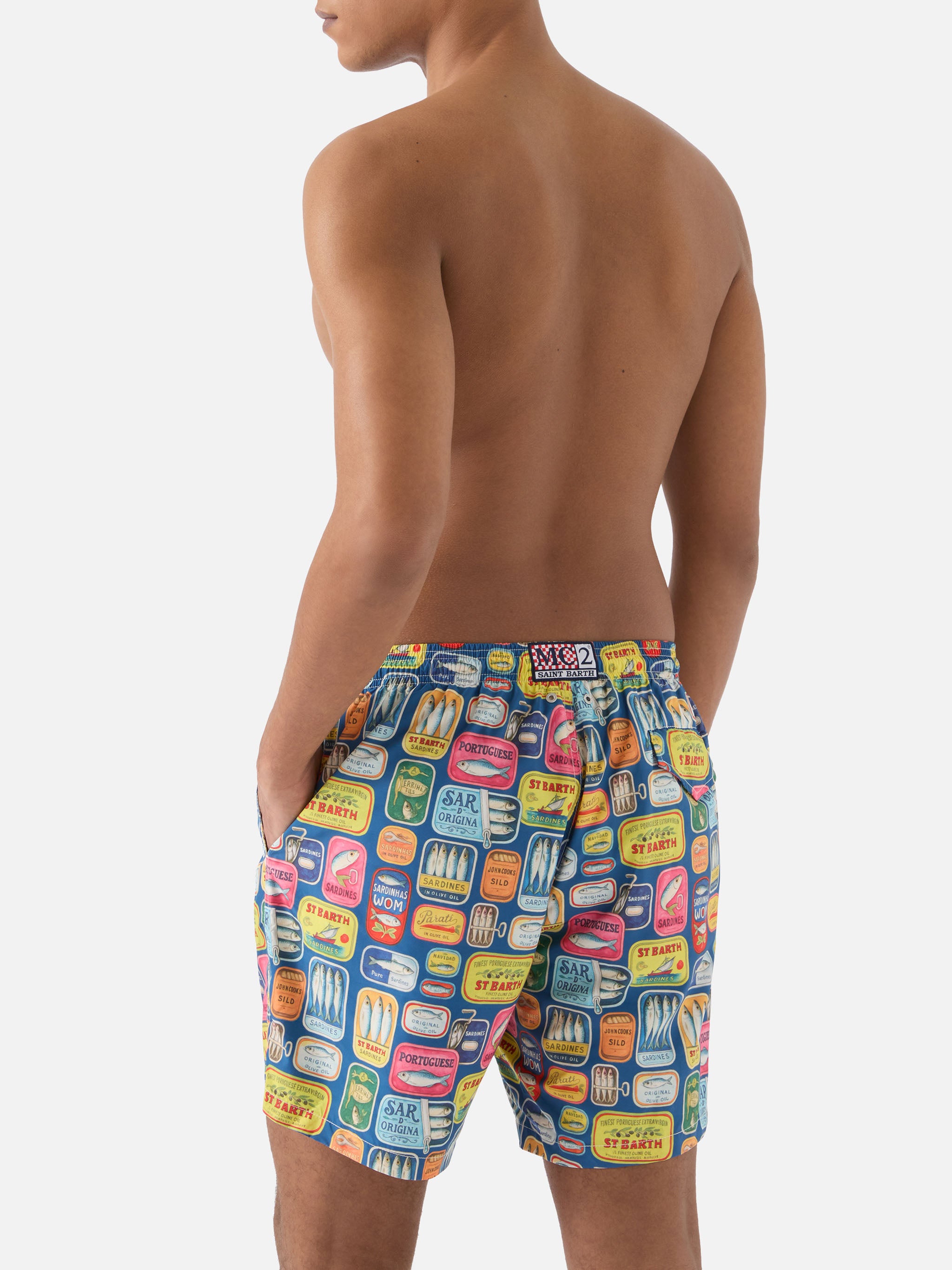Blue Lighting swim shorts with all-over sardine tins print – MC2
