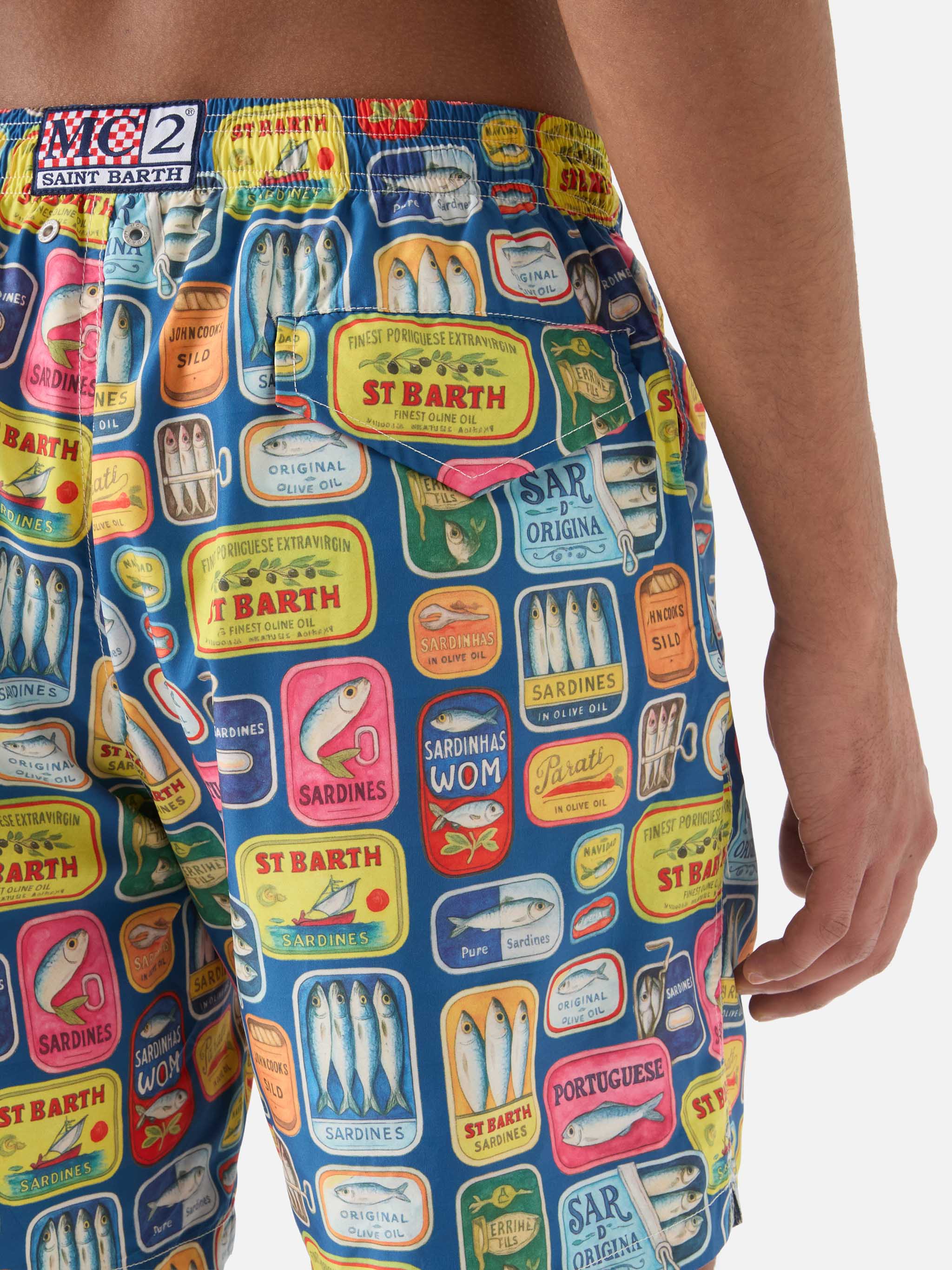 Blue Lighting swim shorts with all-over sardine tins print – MC2