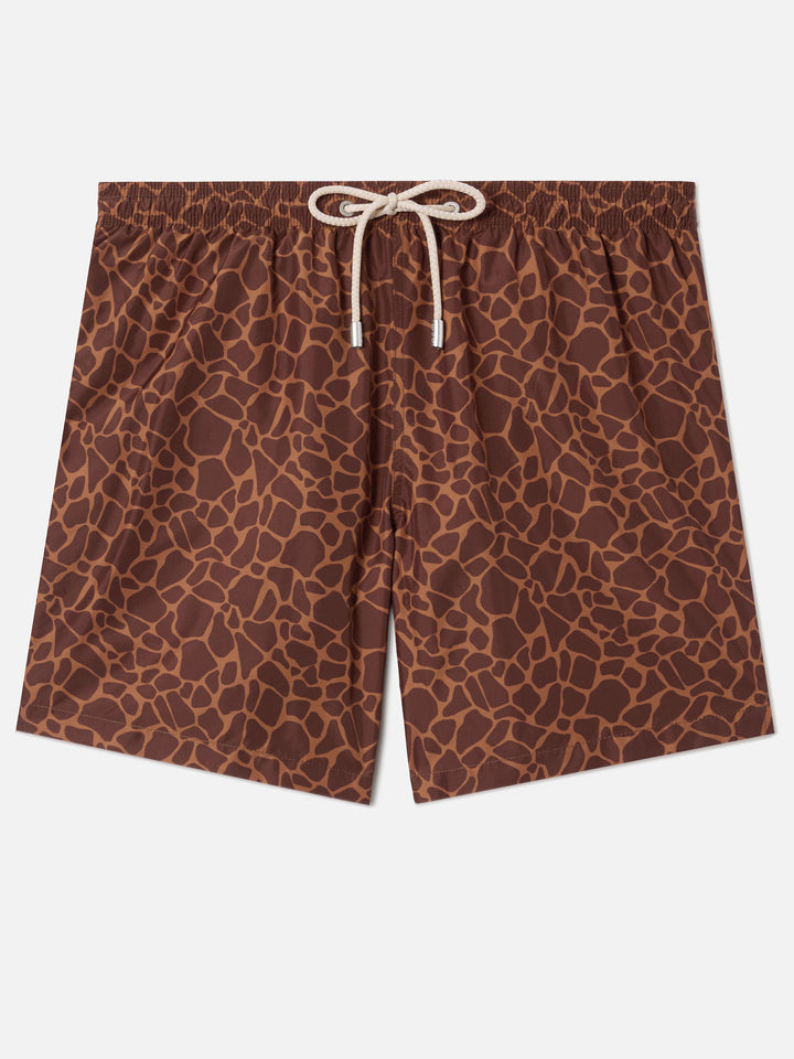 Brown Lighting swim shorts with all-over animal print