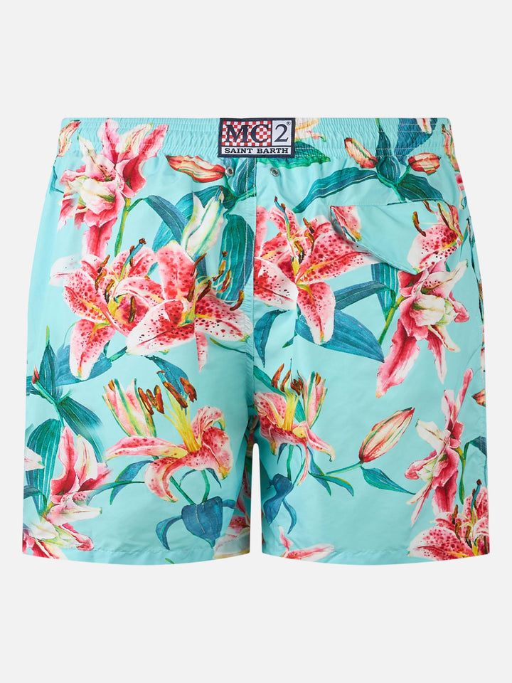 Man lightweight fabric swim-shorts Lighting with tropical flowers print - MC2 Saint Barth