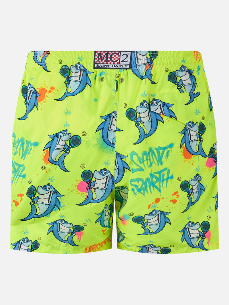 Man lightweight fabric swim-shorts Lighting with Cryptopuppets print | CRYPTOPUPPETS SPECIAL EDITION