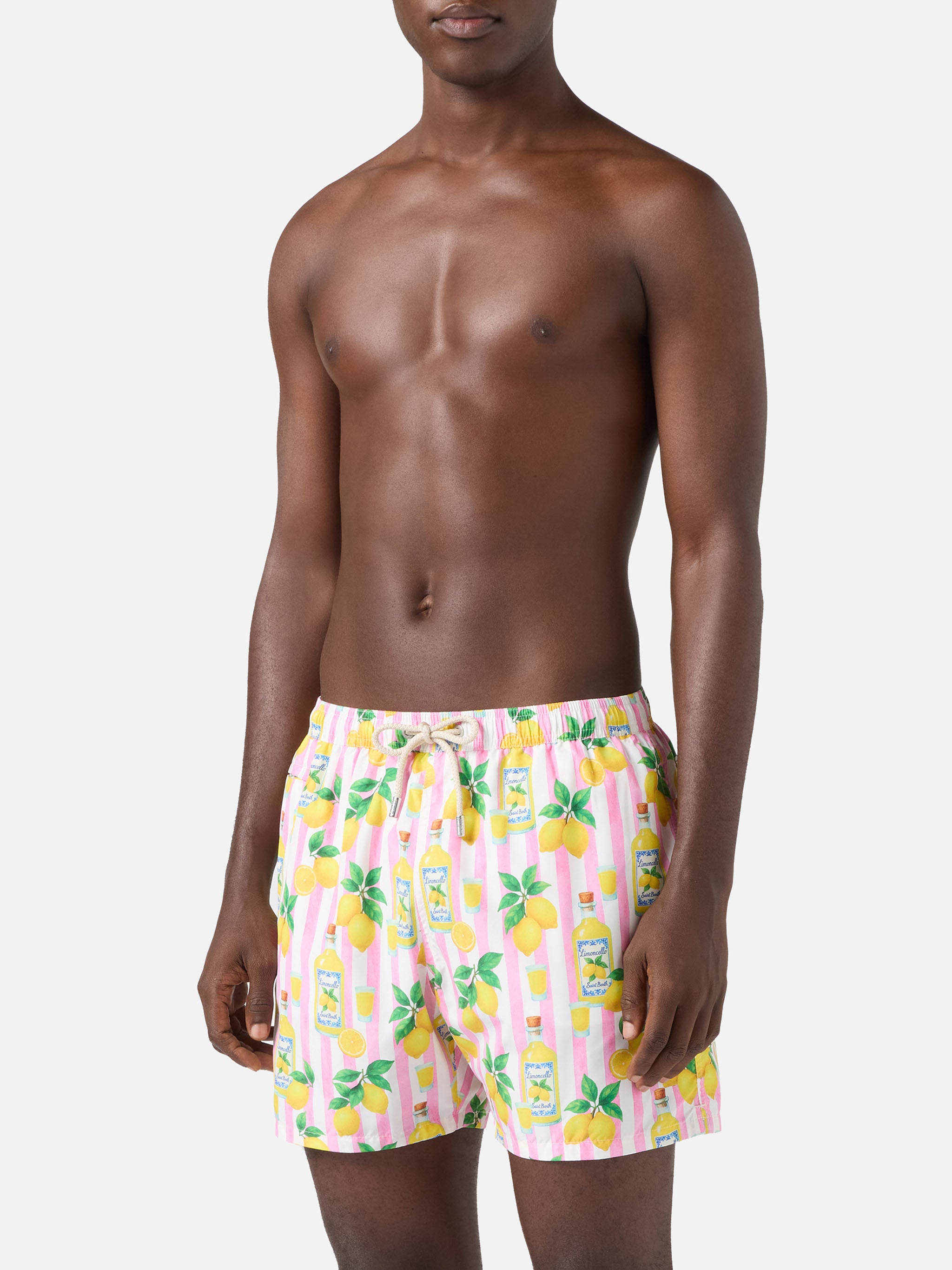 Pink striped Lighting swim shorts with all-over limoncello print