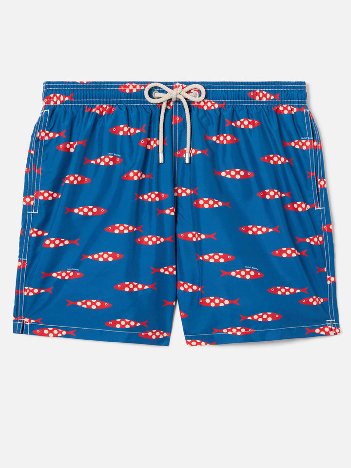 Blue Lighting swim shorts with all-over sardines print
