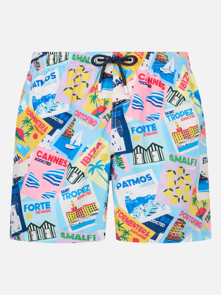 Lightweight fabric swim shorts Lighting with postcards print - MC2 Saint Barth