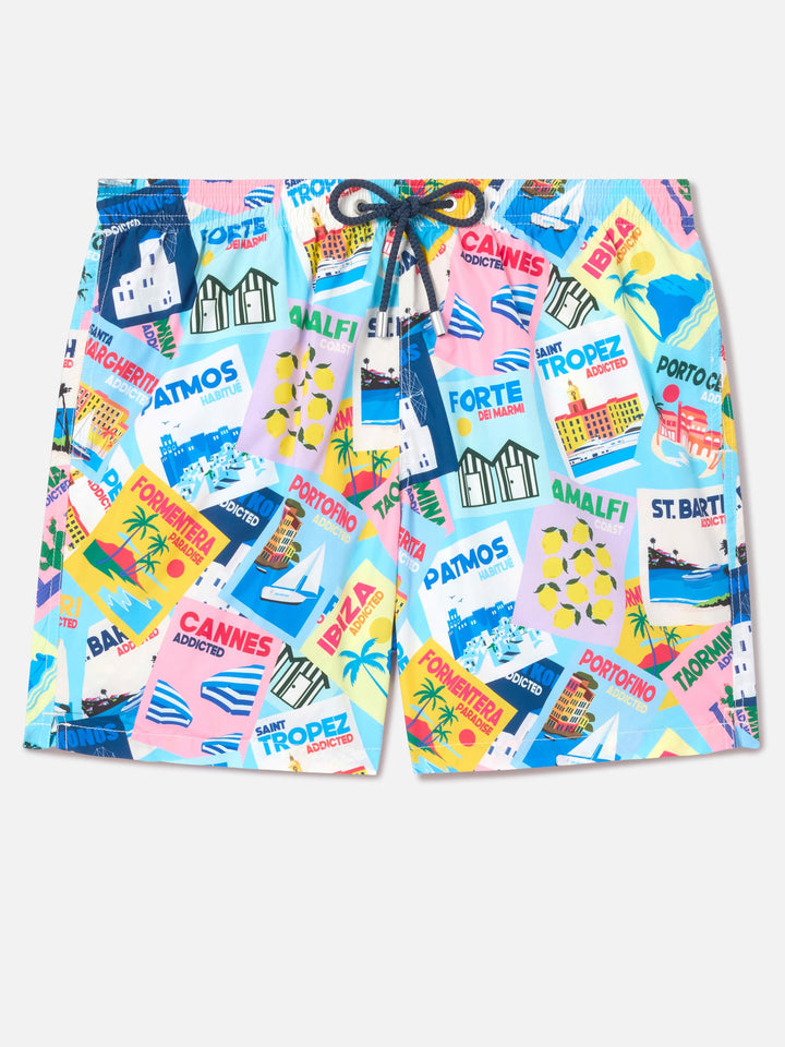 Lighting swim shorts with postcard print