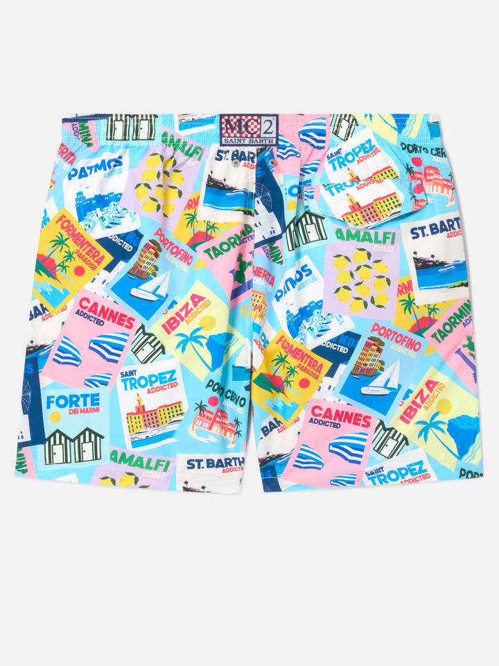 Lighting swim shorts with postcard print