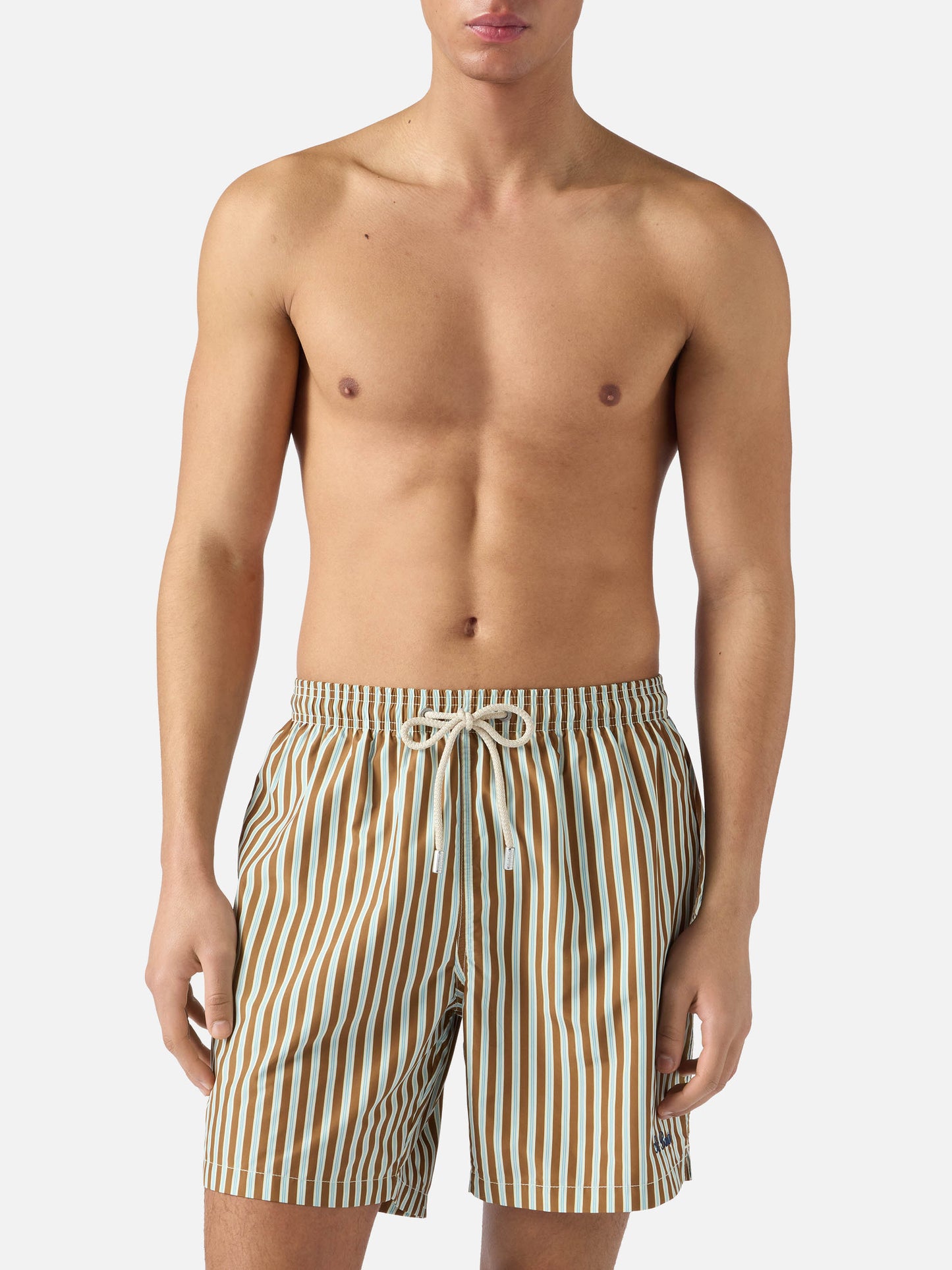 Brown striped Lighting swim shorts with St. Barth embroidery