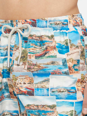Lightweight fabric swim-shorts Lighting with Porto Cervo postcards print | AI CO-CREATED DESIGN BY RICKDICK - POWERED BY RED-EYE - MC2 Saint Barth