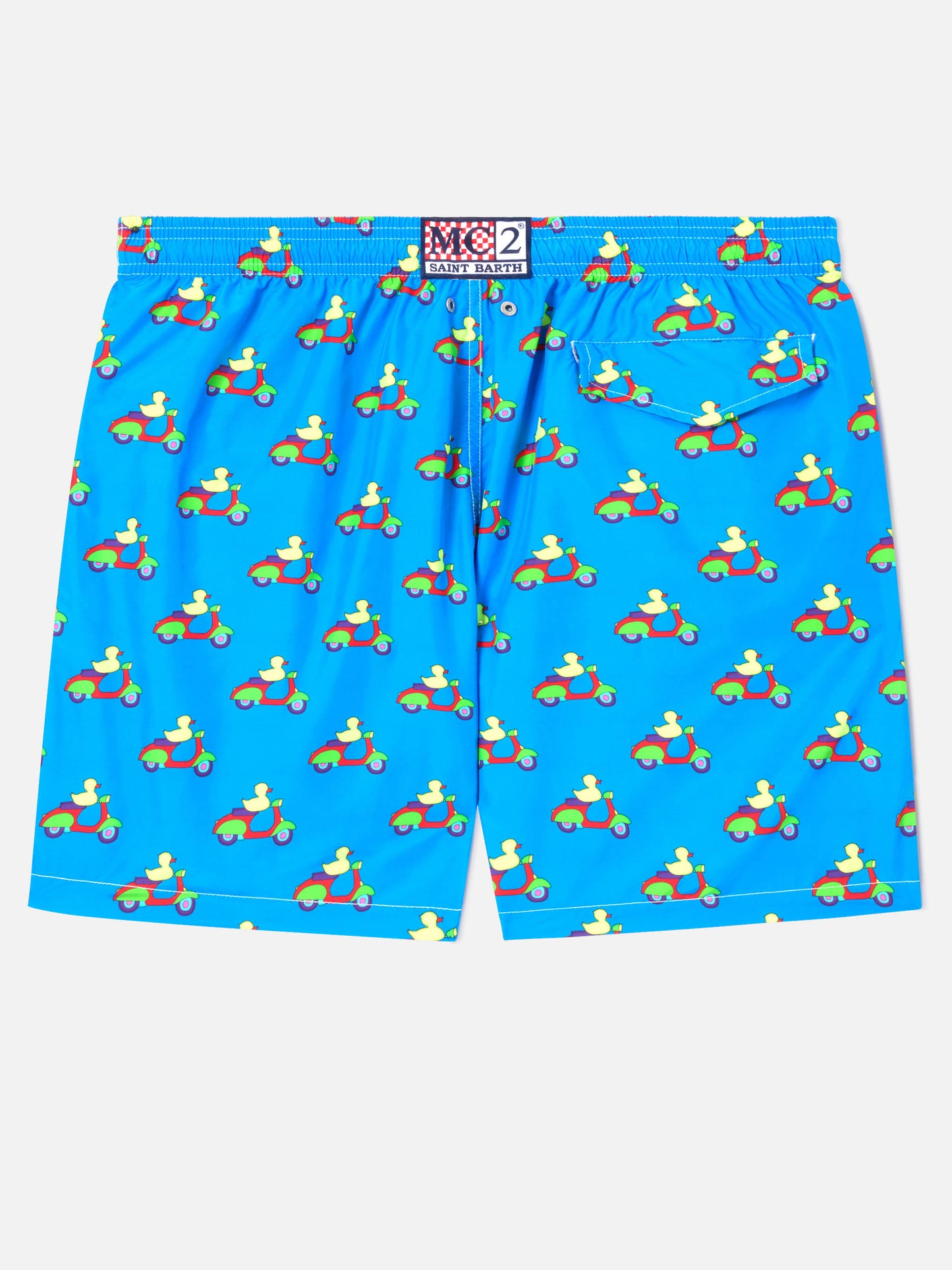 Blaue Badeshorts mit Enten-auf-Scootern-Print | Special Edition 