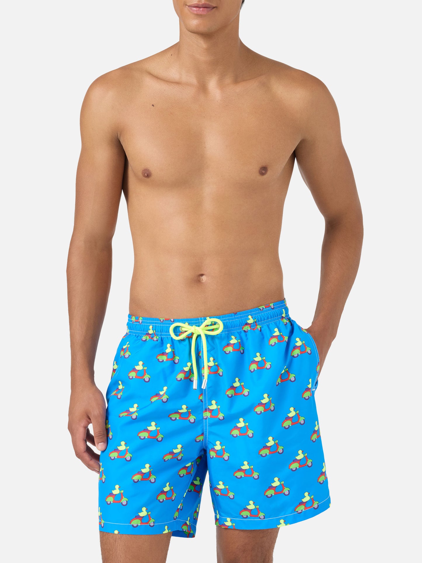 Shorts mare blu con stampa paperelle su scooter | Special Edition