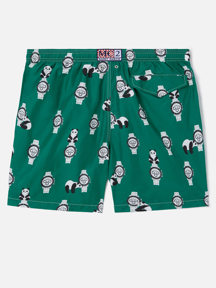Green Lighting swim shorts with all-over panda and watches print