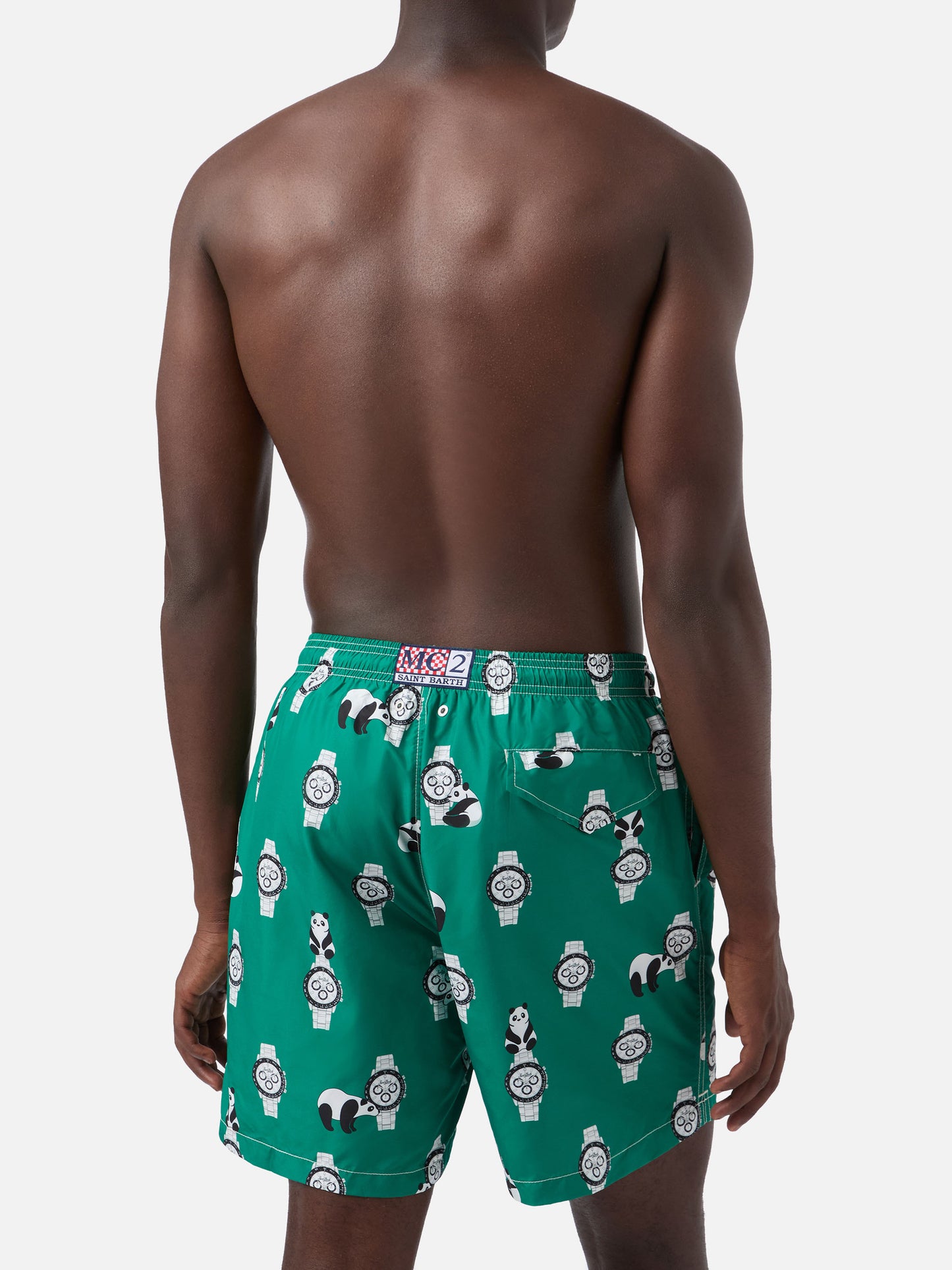 Green Lighting swim shorts with all-over panda and watches print