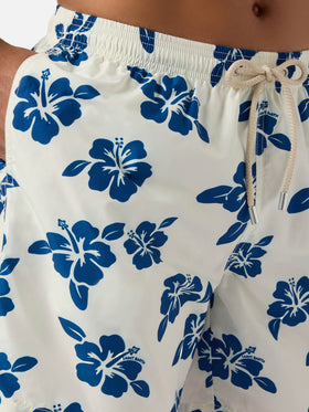 White Lighting swim shorts with all-over hibiscus print