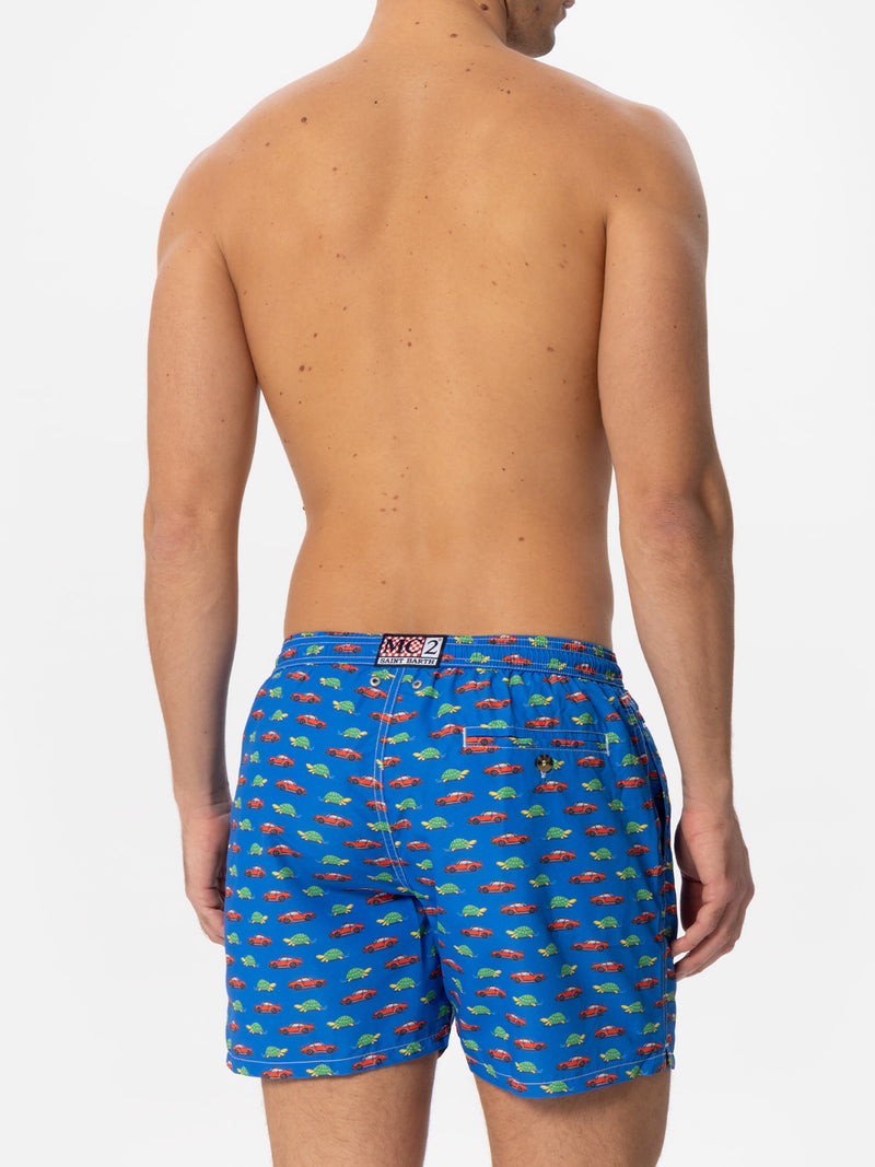 Man light fabric swim shorts with turtle and car print