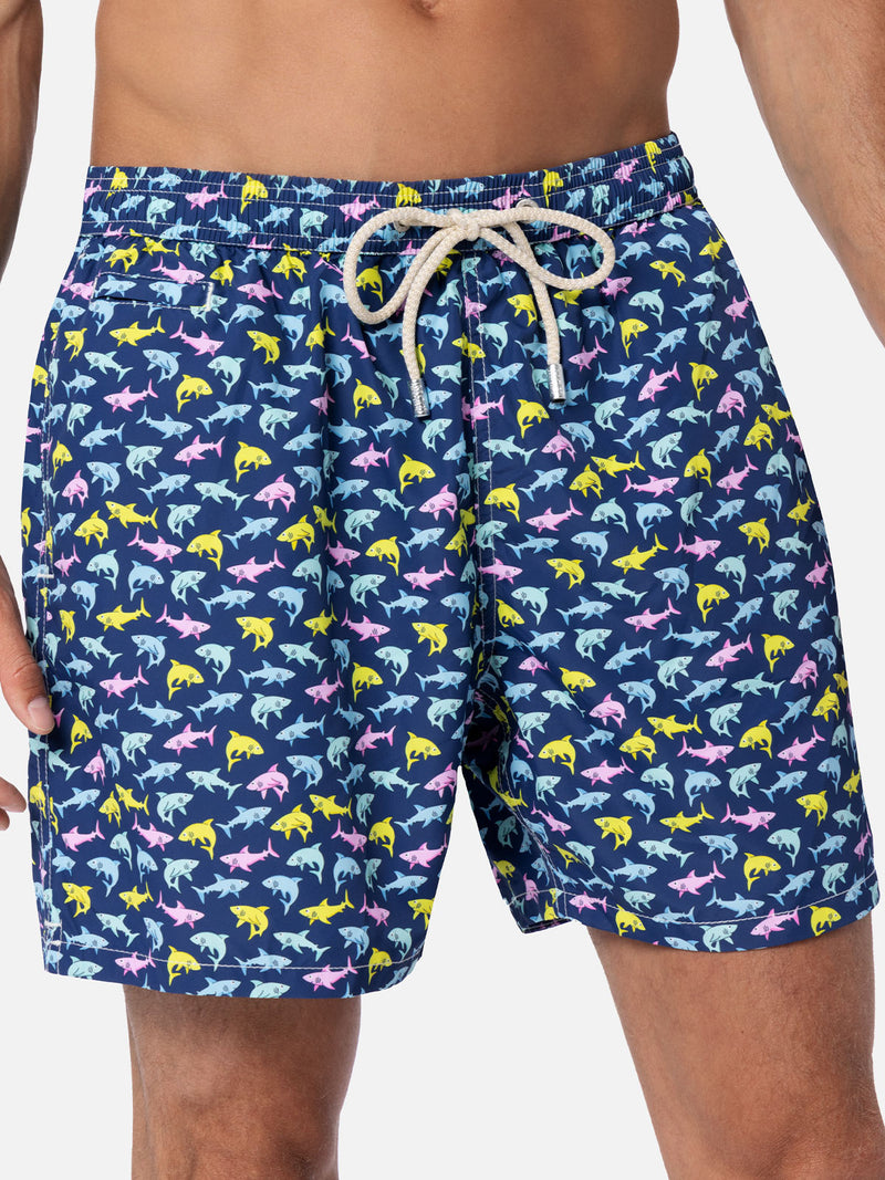 Man lightweight fabric swim-shorts Lighting Micro Fantasy with shark print