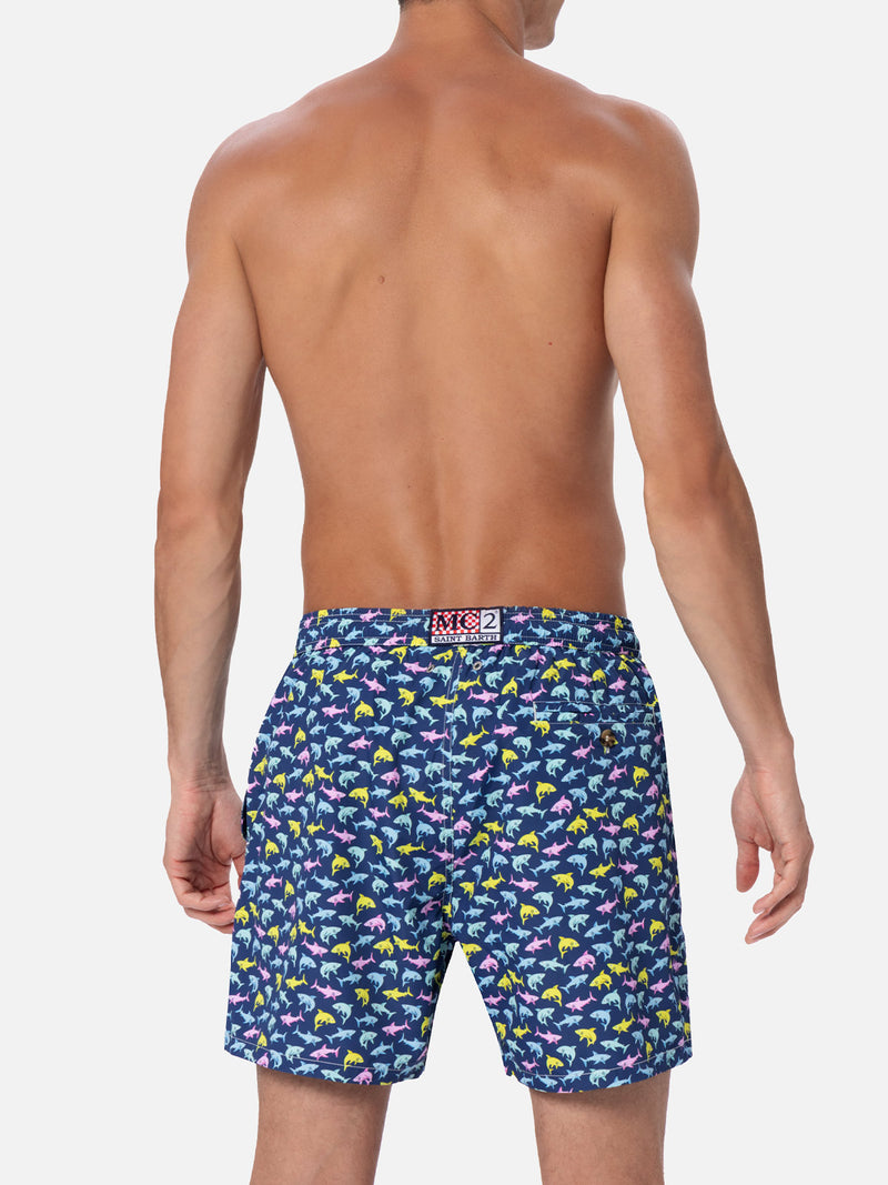 Man lightweight fabric swim-shorts Lighting Micro Fantasy with shark print