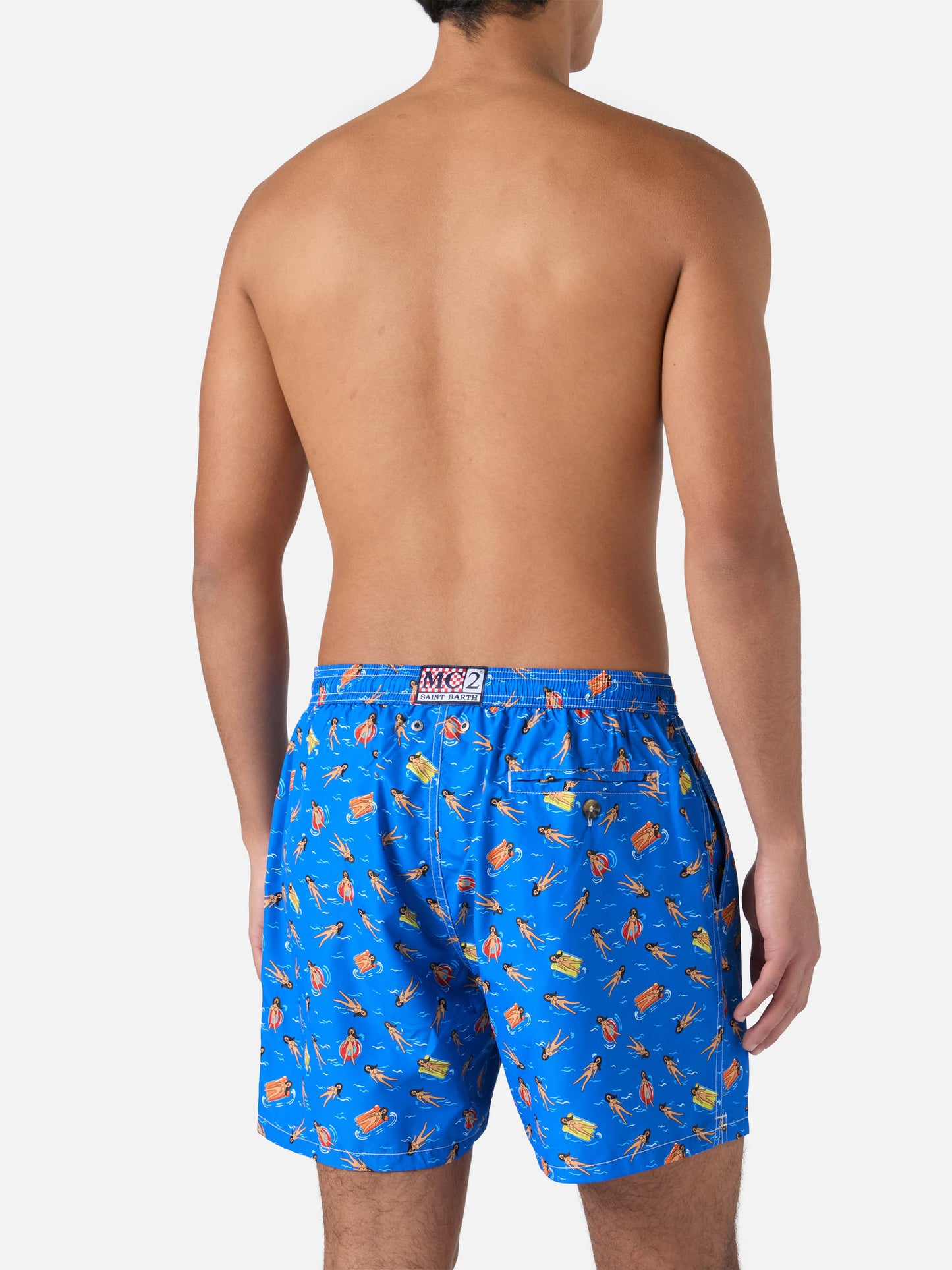 Lightweight fabric swim shorts Lighting with fun doll print