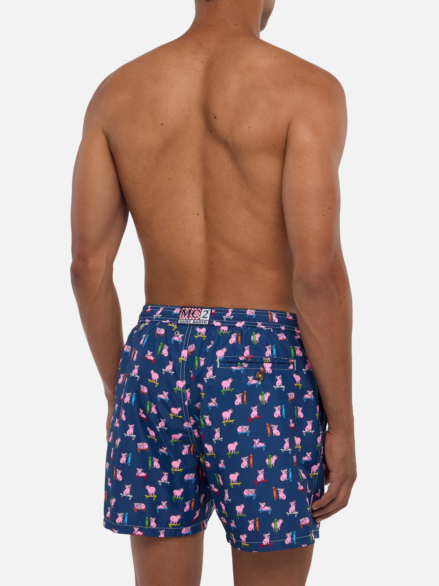 Man light fabric swim shorts with skater pigs print