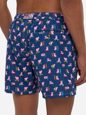 Man light fabric swim shorts with skater pigs print