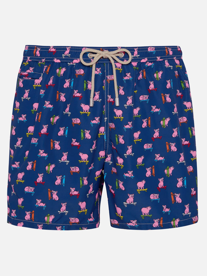 Man light fabric swim shorts with skater pigs print