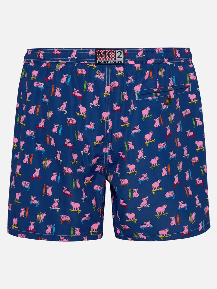 Man light fabric swim shorts with skater pigs print