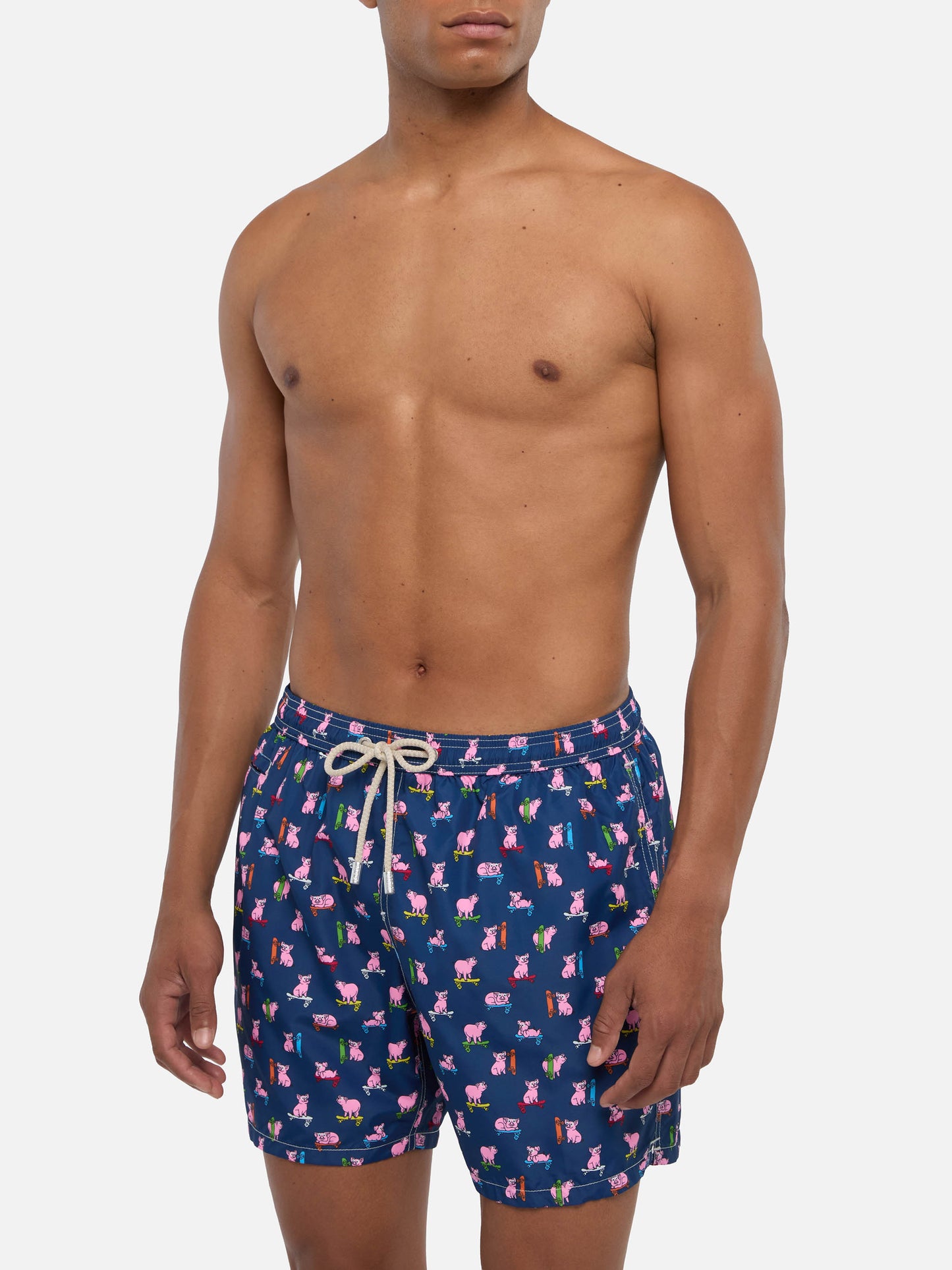 Man light fabric swim shorts with skater pigs print