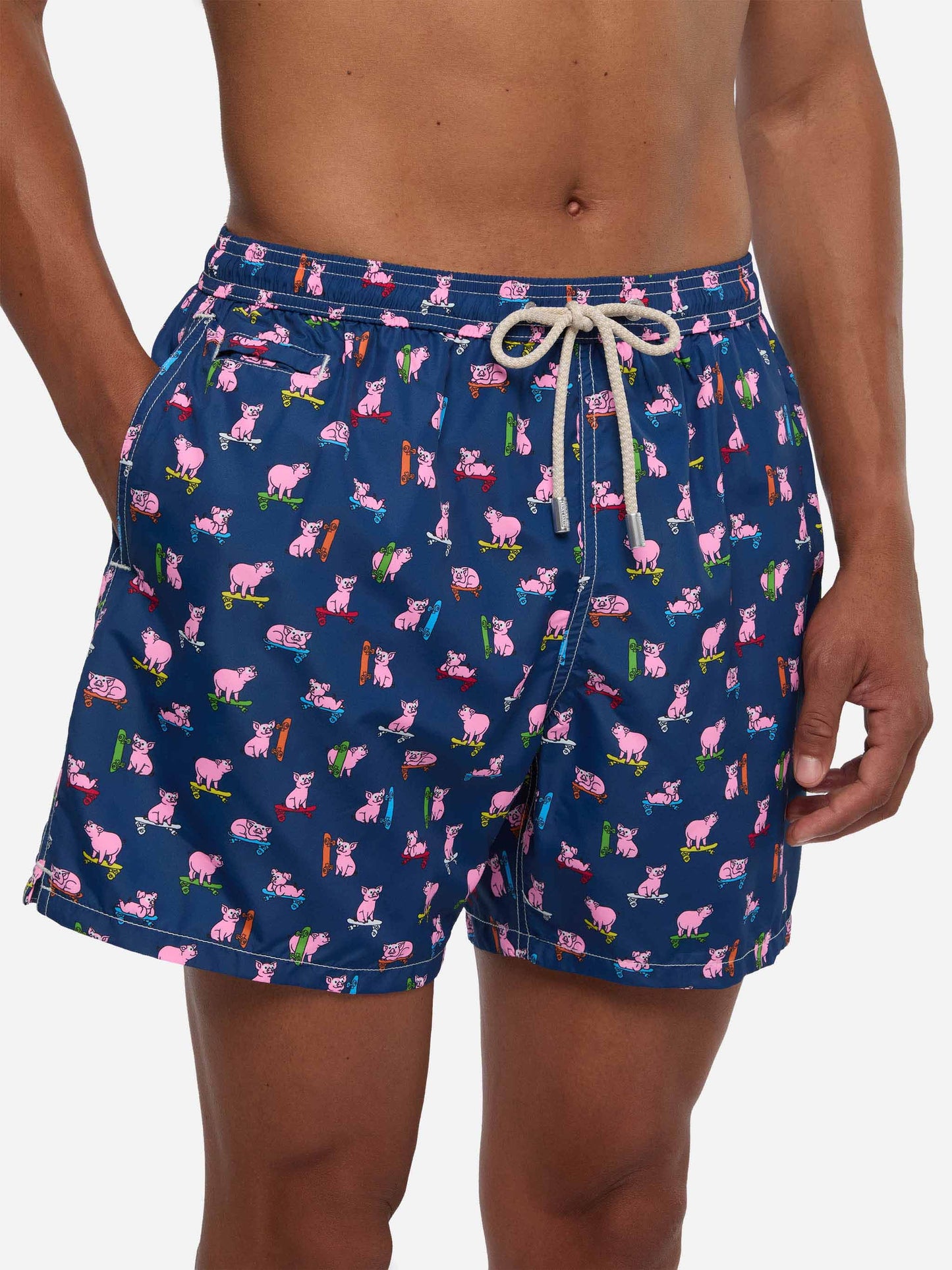 Man light fabric swim shorts with skater pigs print