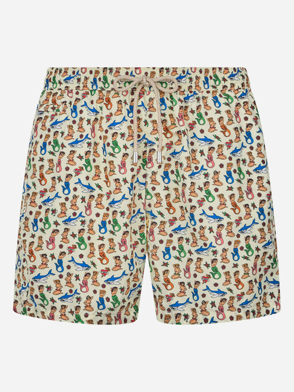 Man lightweight fabric swim-shorts Lighting Micro Fantasy with mermaid print