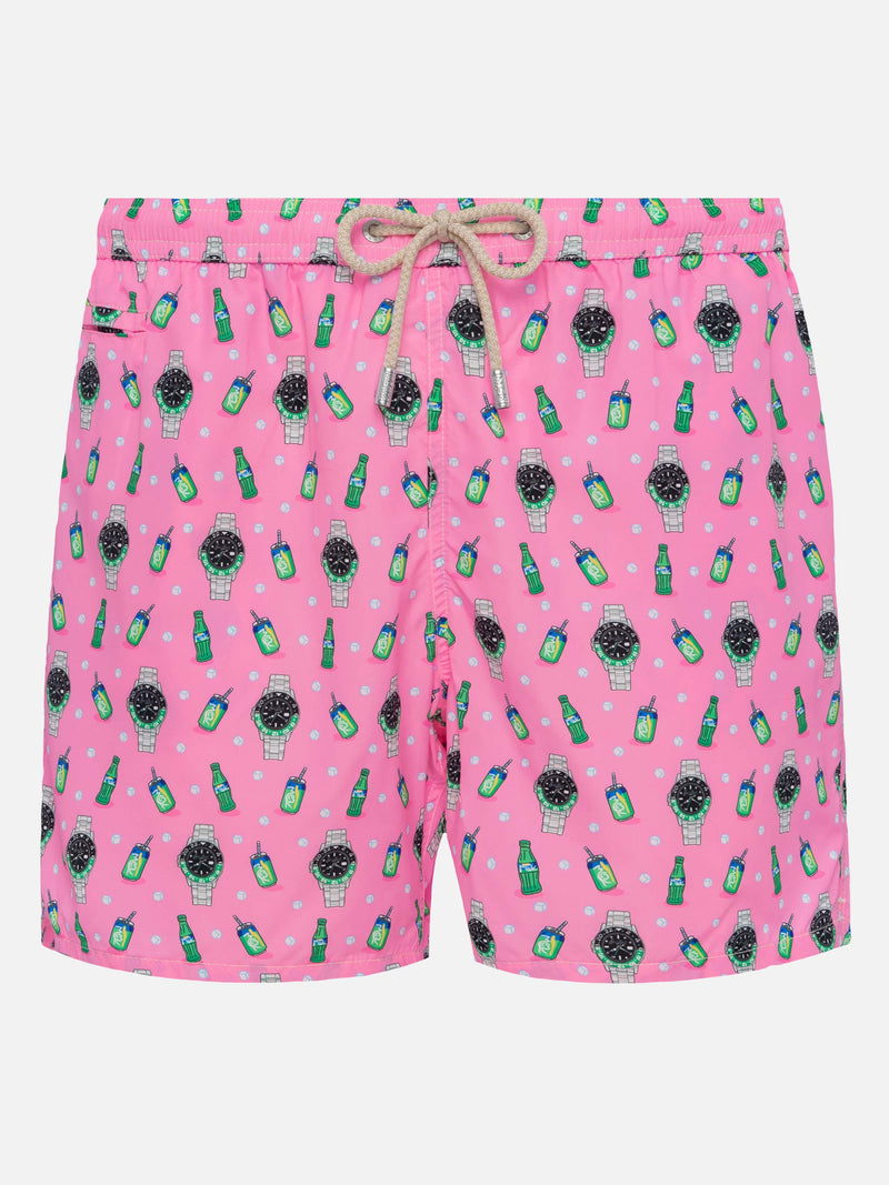 Lightweight fabric swim shorts Lighting with watch print