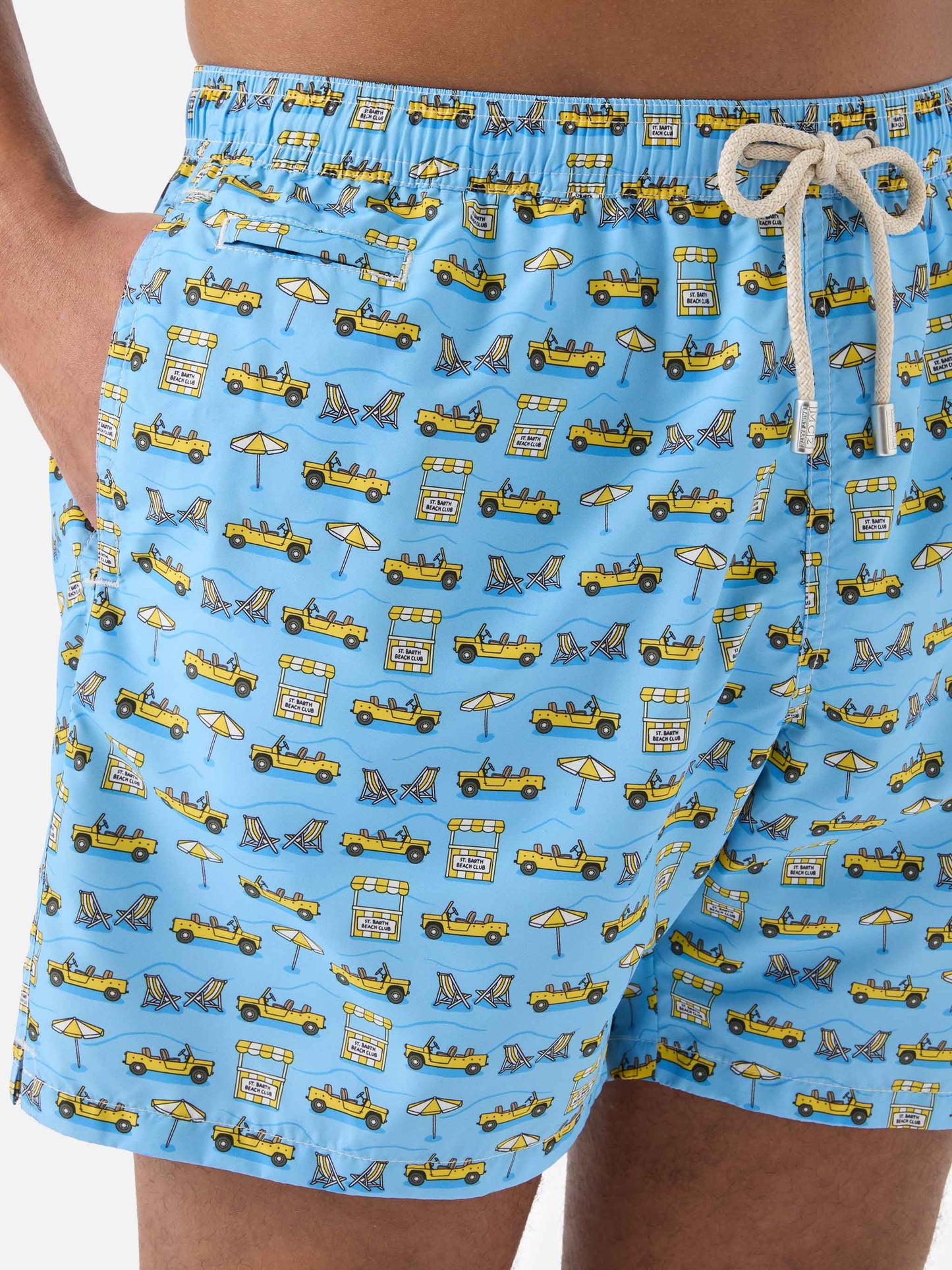 Light blue Lighting Micro swim shorts with road to Formentera all-over print