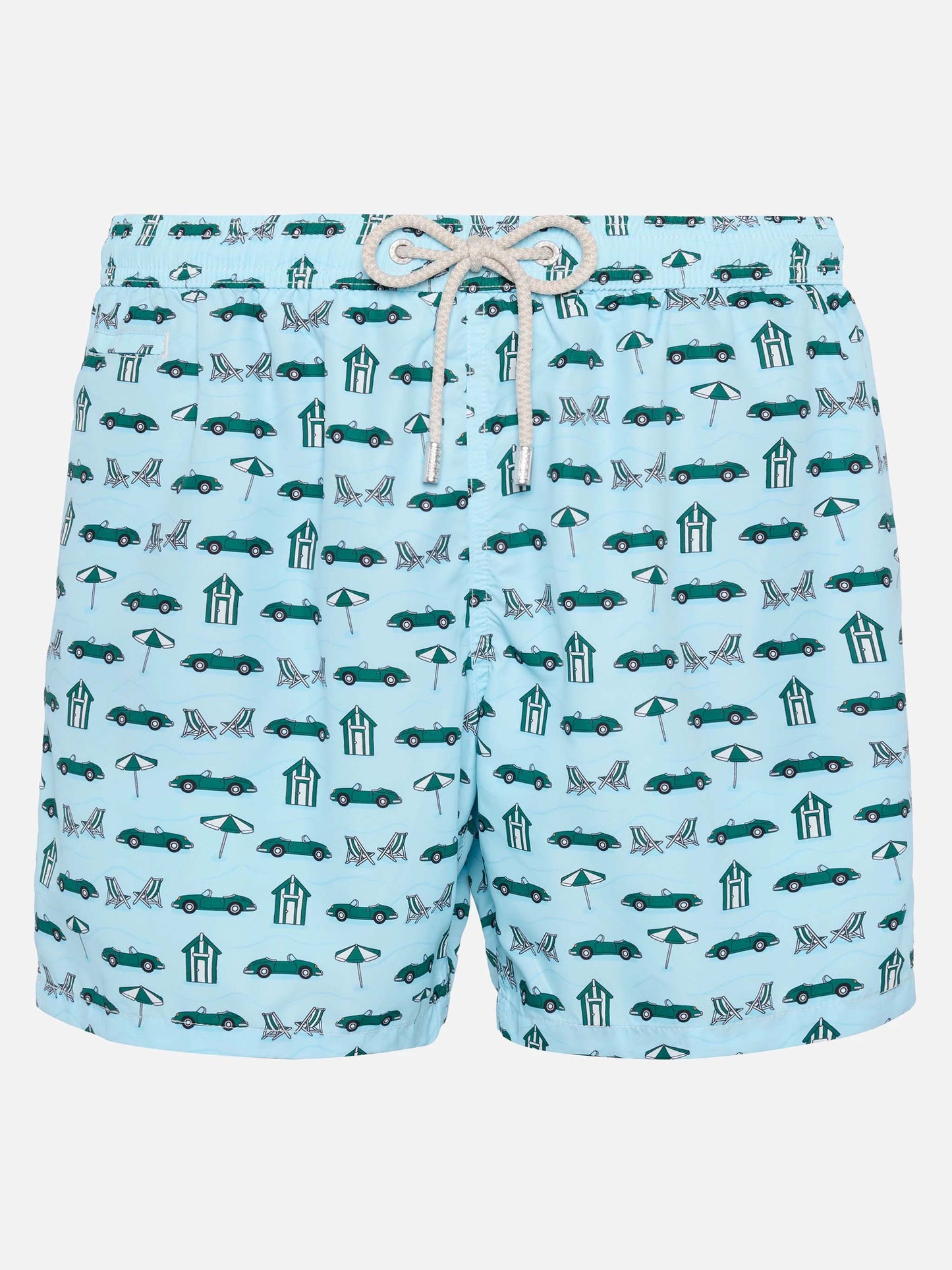 Lightweight fabric swim shorts Lighting with cars and beach cabana print