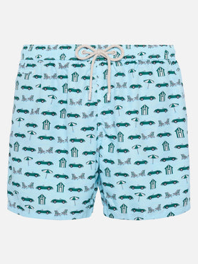Lightweight fabric swim shorts Lighting with cars and beach cabana print