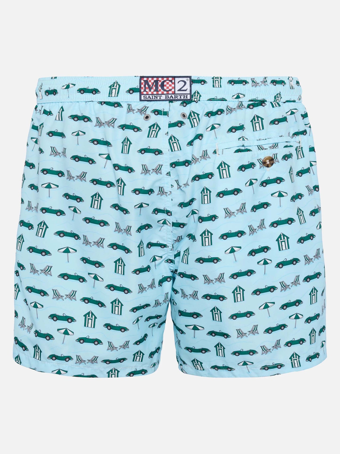 Lightweight fabric swim shorts Lighting with cars and beach cabana print