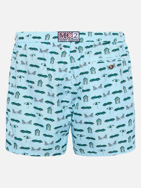 Lightweight fabric swim shorts Lighting with cars and beach cabana print