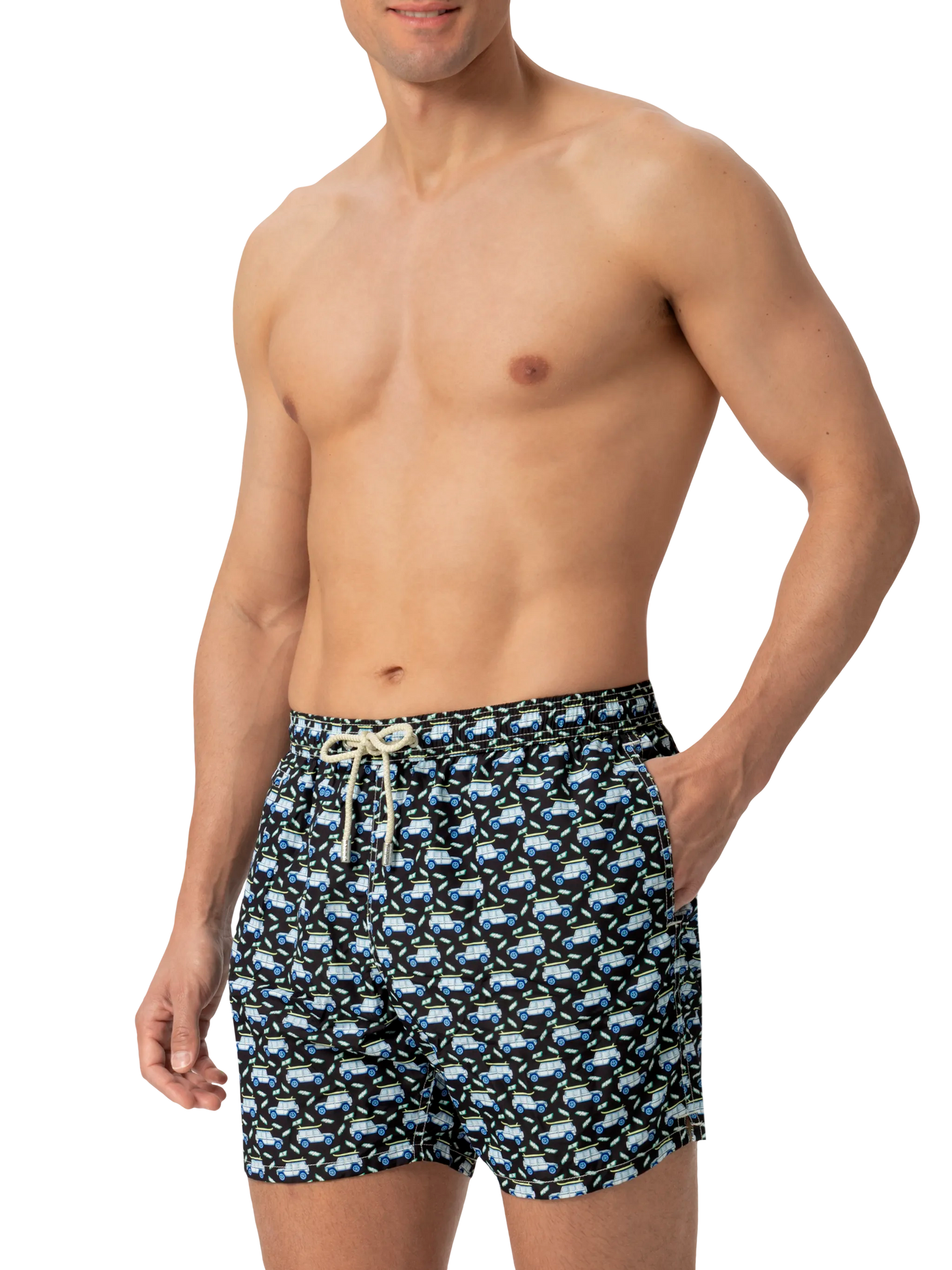 Lightweight fabric swim shorts Lighting with off-road car print