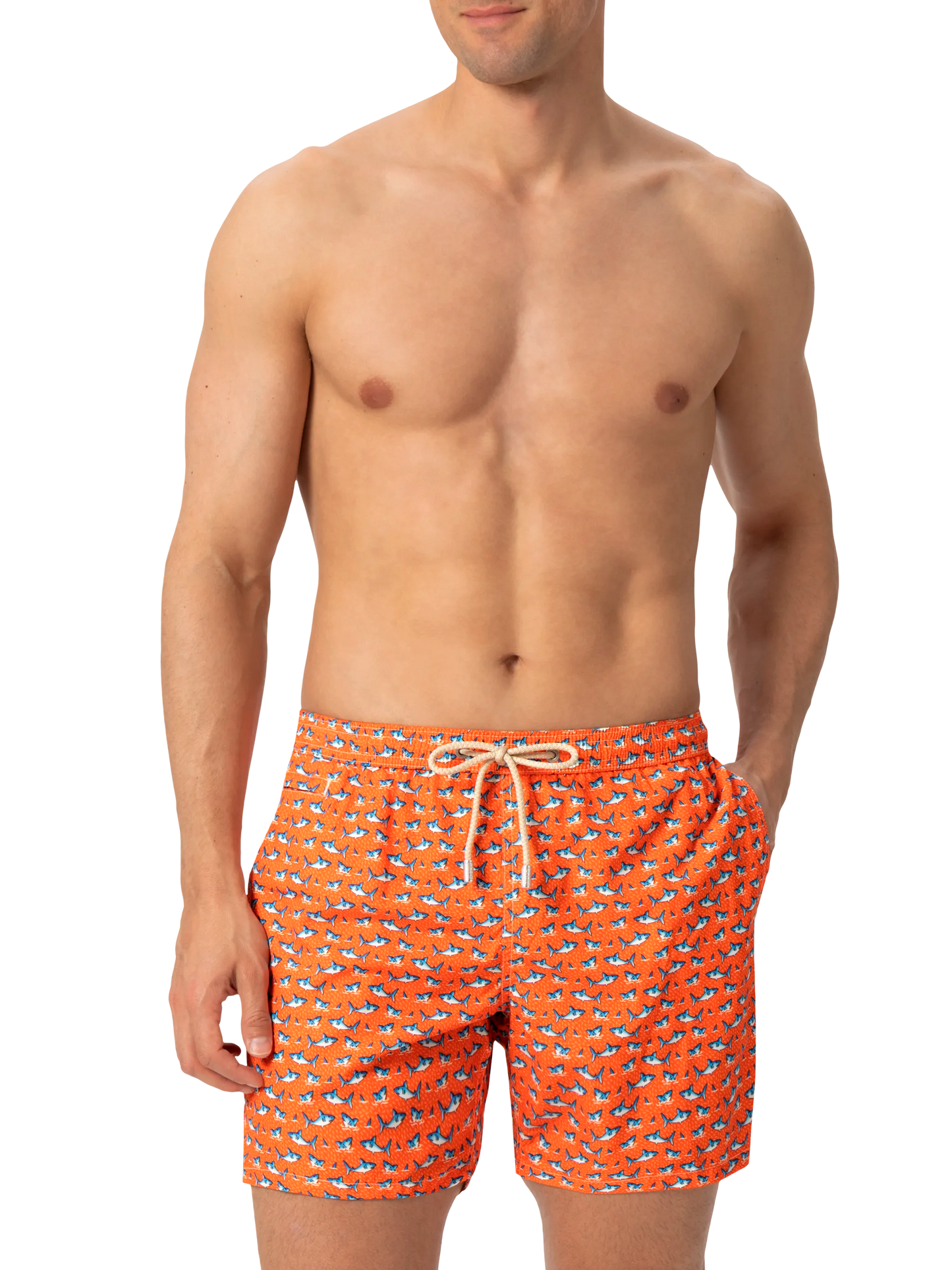 Lightweight fabric swim shorts Lighting with micro shark print