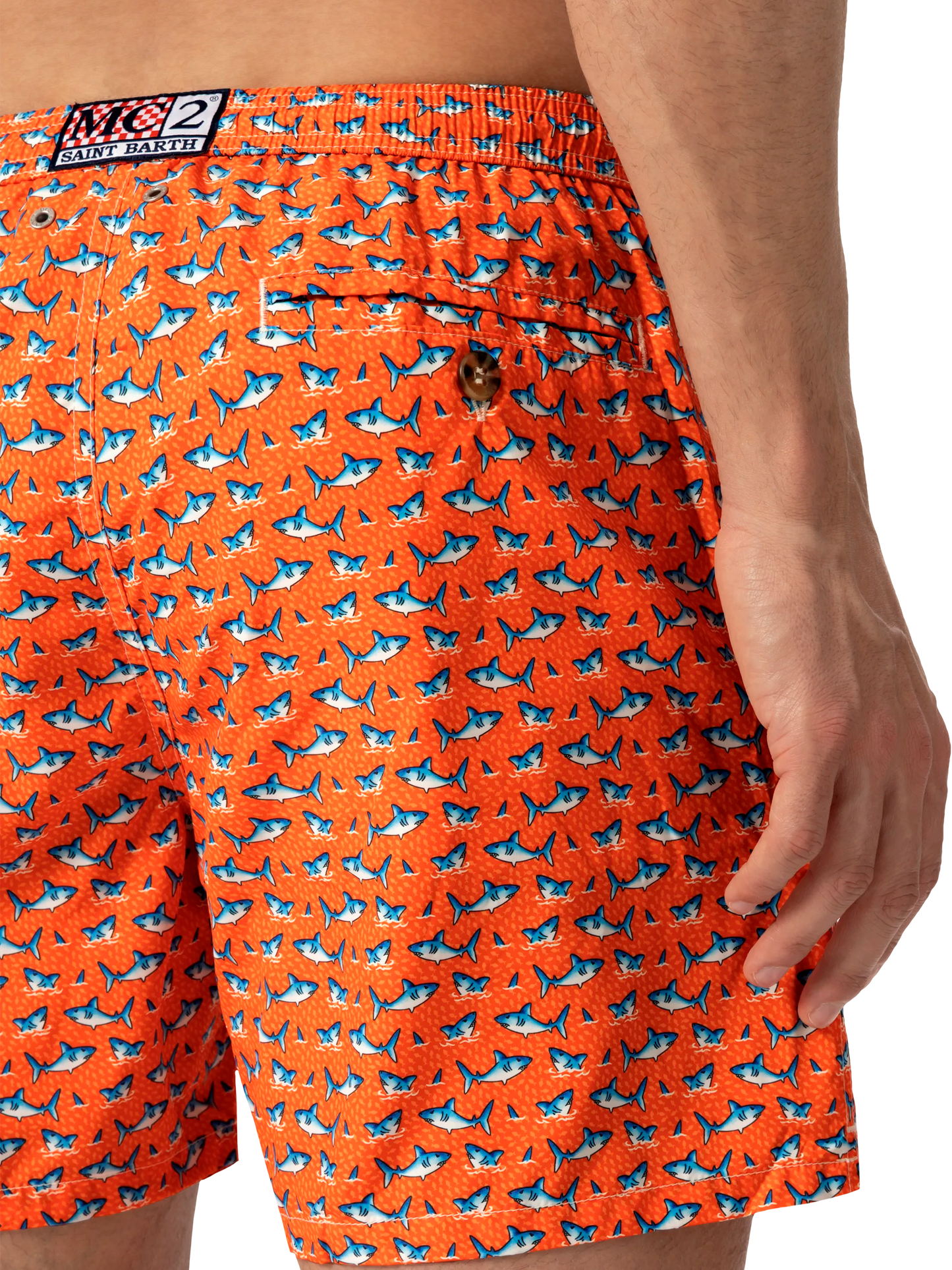 Lightweight fabric swim shorts Lighting with micro shark print