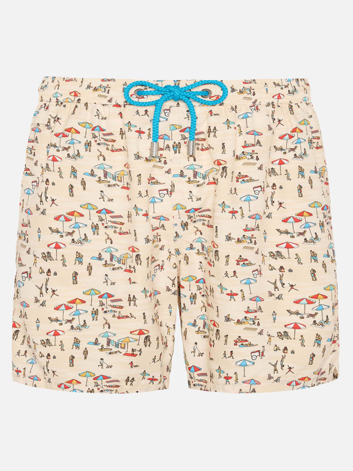 Lightweight fabric swim shorts Lighting with beach people print