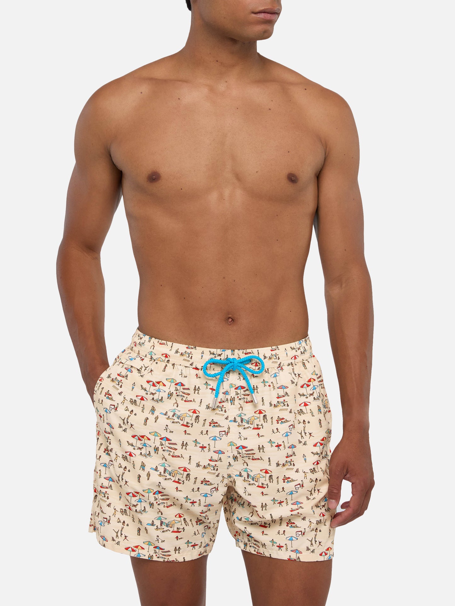Lightweight fabric swim shorts Lighting with beach people print