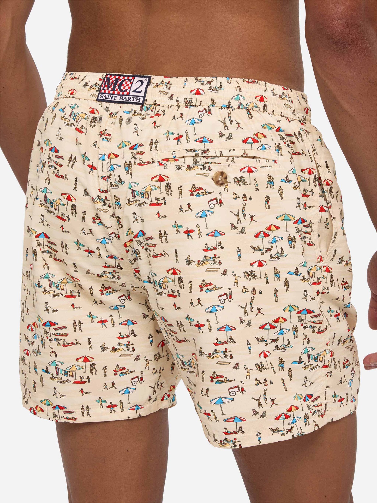 Lightweight fabric swim shorts Lighting with beach people print