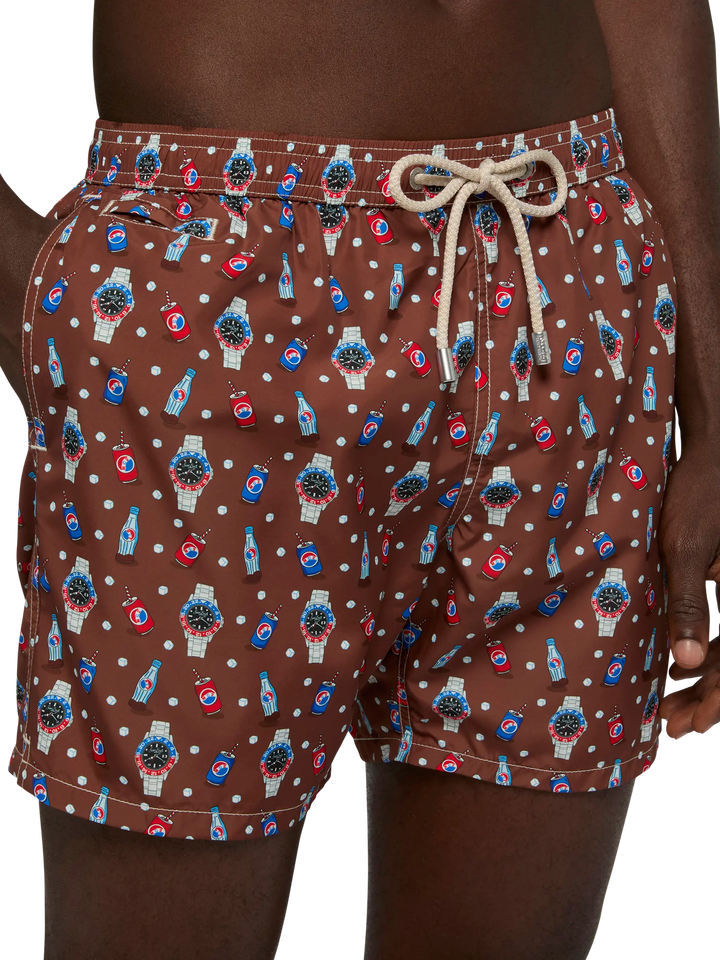 Lightweight fabric swim shorts Lighting with watch print