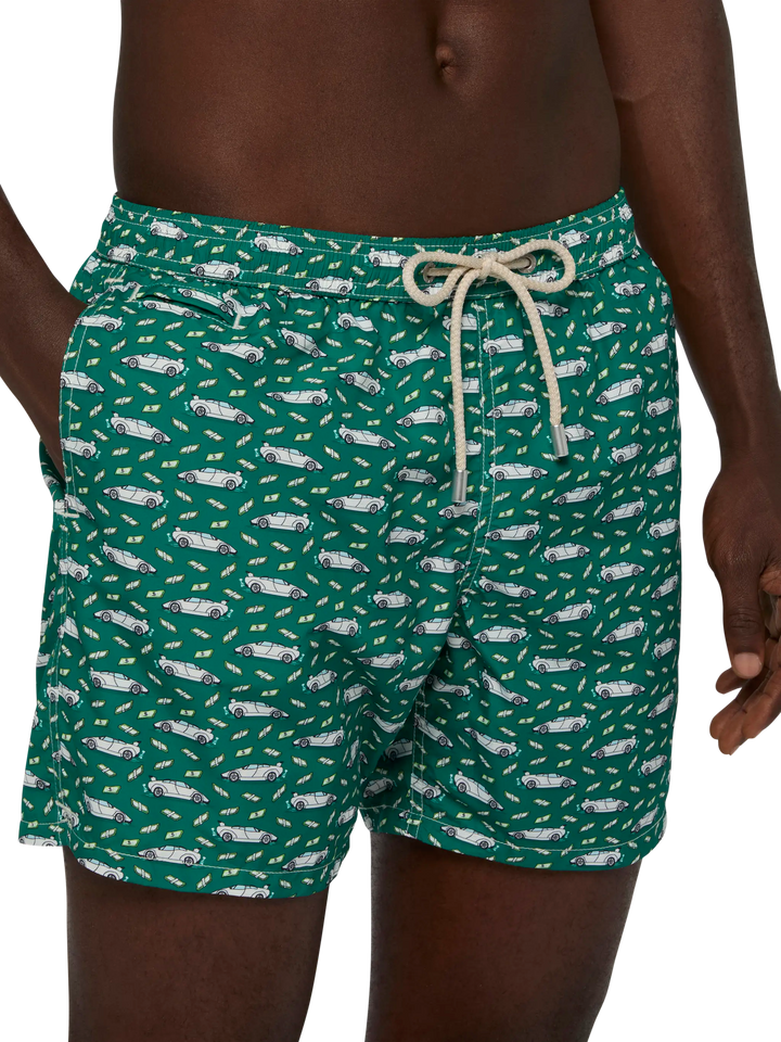 Lightweight fabric swim shorts Lighting with luxury car print