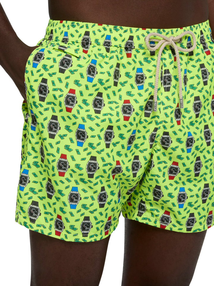 Lightweight fabric swim shorts Lighting with watch print
