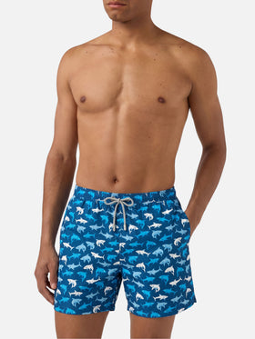 Man light fabric swim shorts with multicolor sharks print